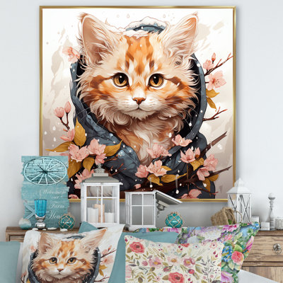 Adorable chat au printemps fleurs - art mural chat