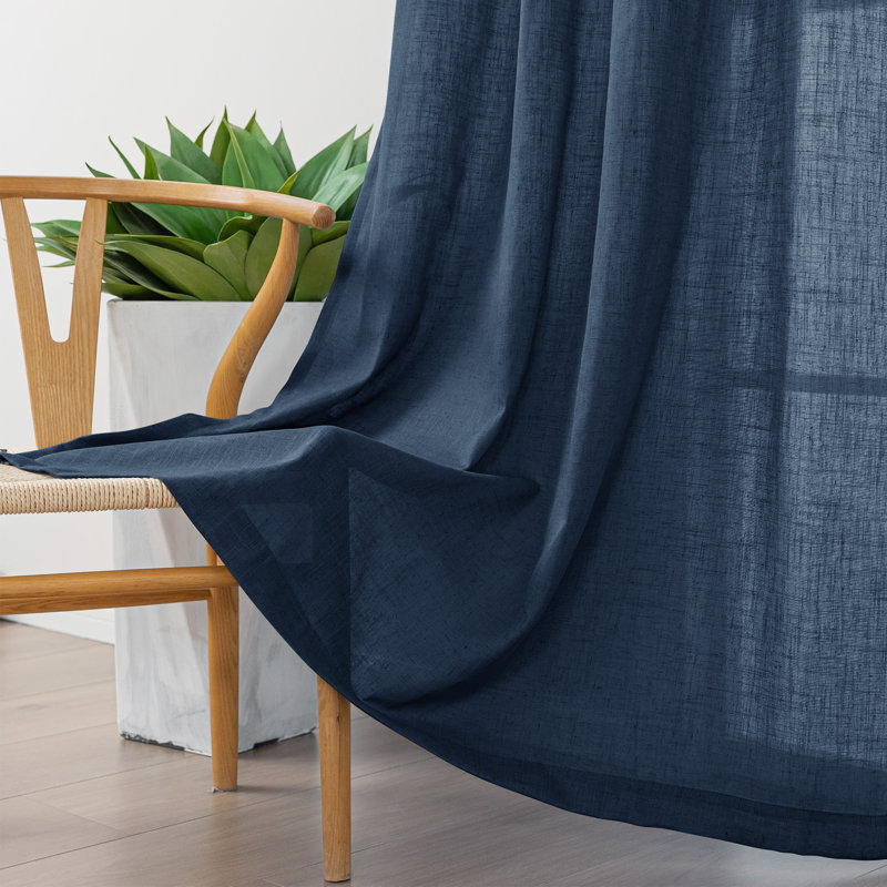 Vollmar Linen Blended Grommet Semi-Sheer Curtain Pair, 52" W x 96" L, Navy