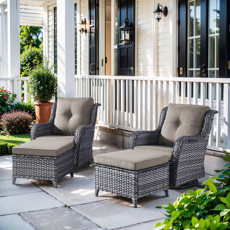 Deb 31" W Wicker Swivel Glider Chair with Ottoman and Cushions (Set of 2), Gray/Gray