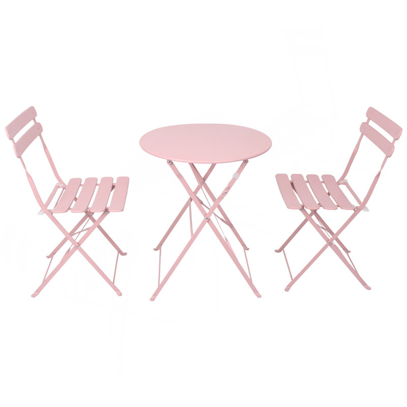 3 Pieces Patio Bistro Balcony Metail Chair Table Set-Pink, Pink