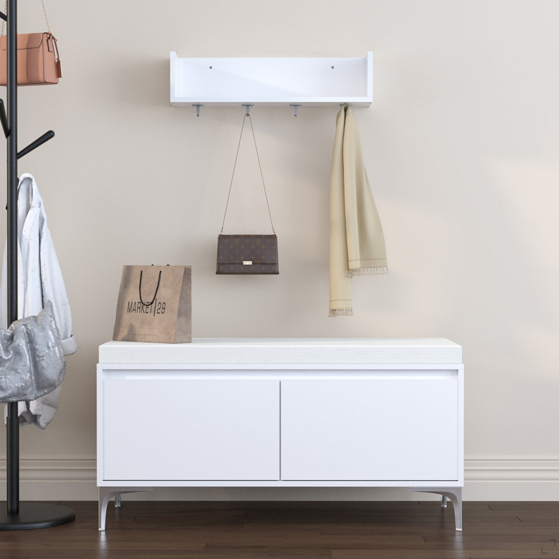Étagère de hall d'entrée murale avec crochets et banc de rangement, armoire à chaussures blanche moderne avec coussin et rangement fermé pour le couloir, la chambre à coucher ou le vestibule