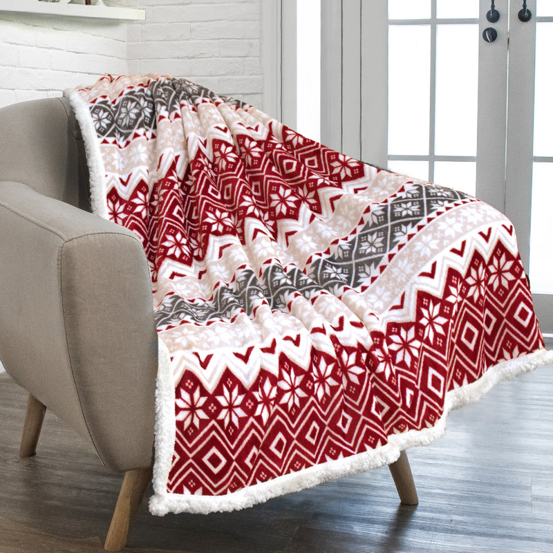 Holiday Snowflake Red and White Reversible Sherpa Throw Blanket
