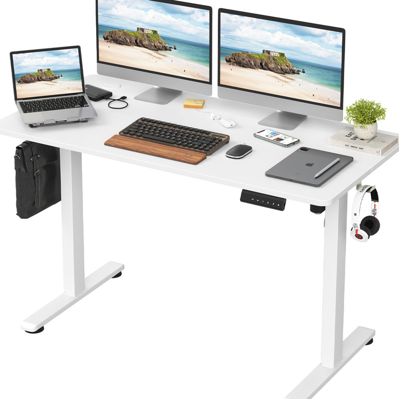Bureau pour travailler debout électrique à hauteur réglable avec plissoir pour bureau à domicile, 40 po x 24 po, ton de bois blanc, forme rectangulaire, réglage manuel, base en forme de T, conception ergonomique, supporte 80 kg, multicolore