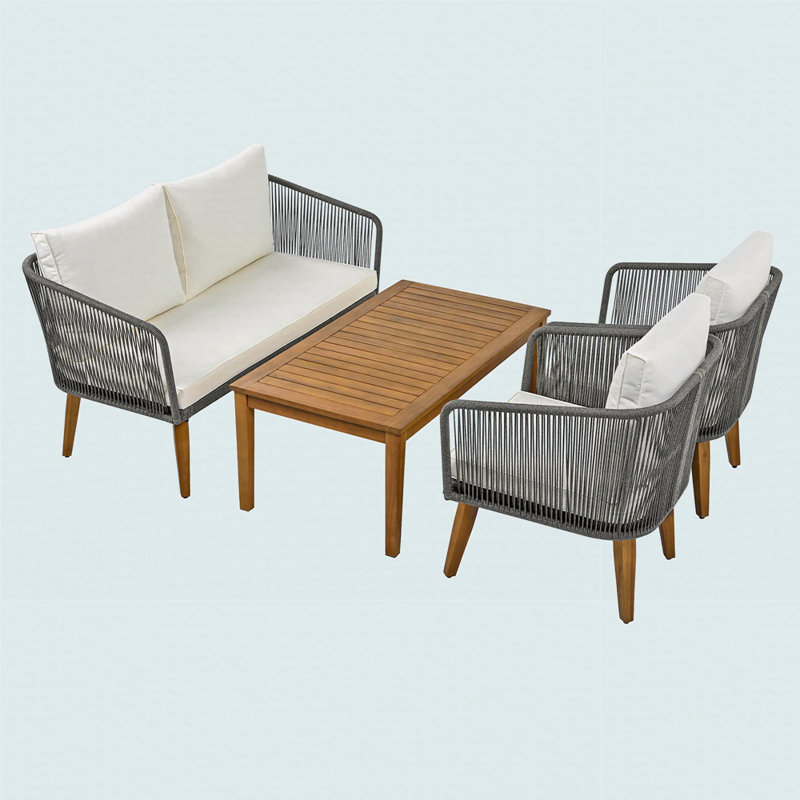 Ensemble de conversation 4 pièces pour patio, causeuse en bois massif, 2 chaises et table, ensemble de conversation extérieur