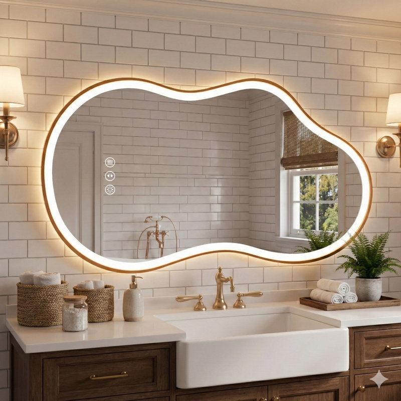 Irregular Aluminum Framed Anti-Fog 3-Colors Dimmable LED Light Wall Bathroom Vanity Mirror with Memory, 26" x 46", Gold