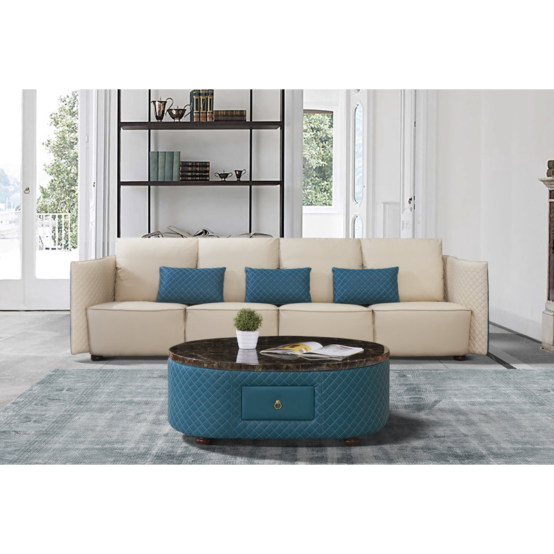 3 Pieces Makassar Sofa Set Lite Grey & Taupe Italian Leather, Off White/Blue Genuine Leather