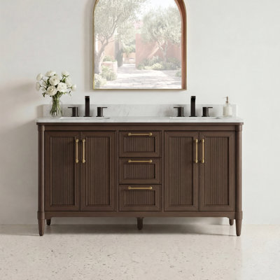 60" Freestanding Double Sink Bathroom Vanity with Carrara White Sink Top, Fluted Texture, Fully Assembled