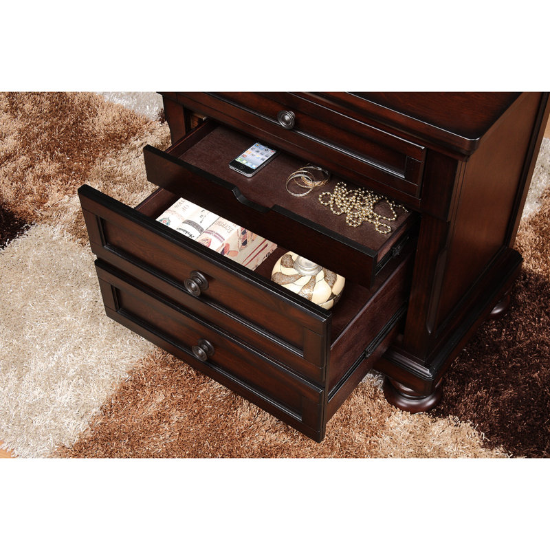 Table de chevet classique en placage de bouleau brun, 2 tiroirs avec roulement à glissière, aspect de chambre à coucher, style transitionnel, placage, glissière, aspect pour