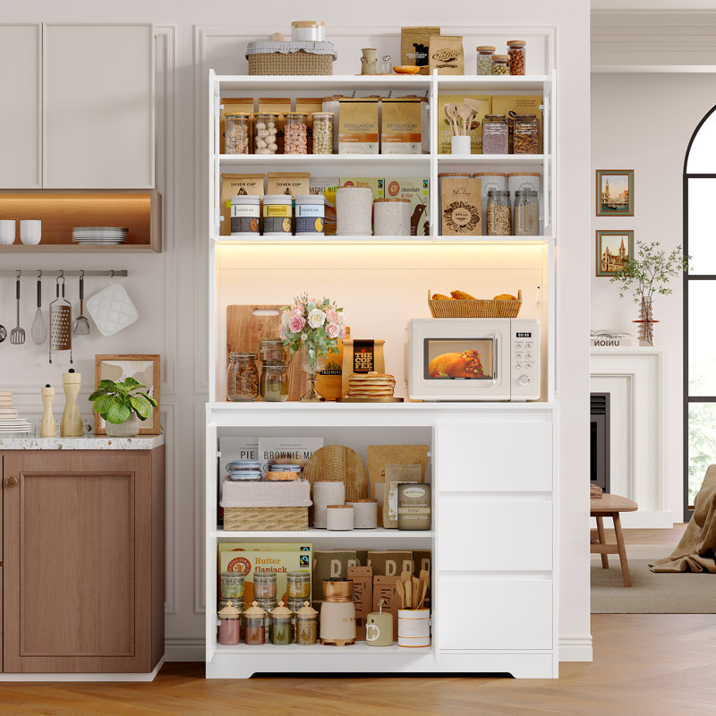 Satavia 70.9'' Kitchen Pantry with LED Lights and Charging Station, Microwave Shelf, White