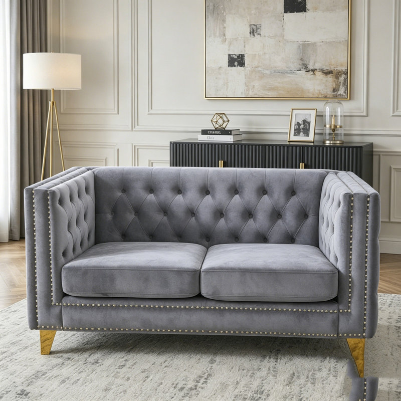 Canapé Chesterfield 2 places en velours capitonné, L 58 po, Velours gris velours