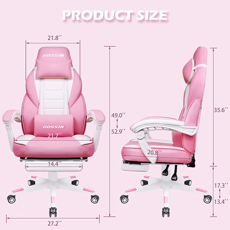 BOSSIN Gaming Chairs with Footrest, Ergonomic Computer Game Chairs with Lumbar Support, Pink/White