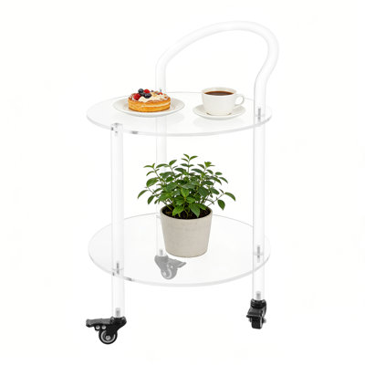 Clear 2-Tier Round Acrylic Side Table with Lockable Caster Wheels Modern Rolling End Table Mobile Nightstand Coffee Table for Living Room Bedroom Office