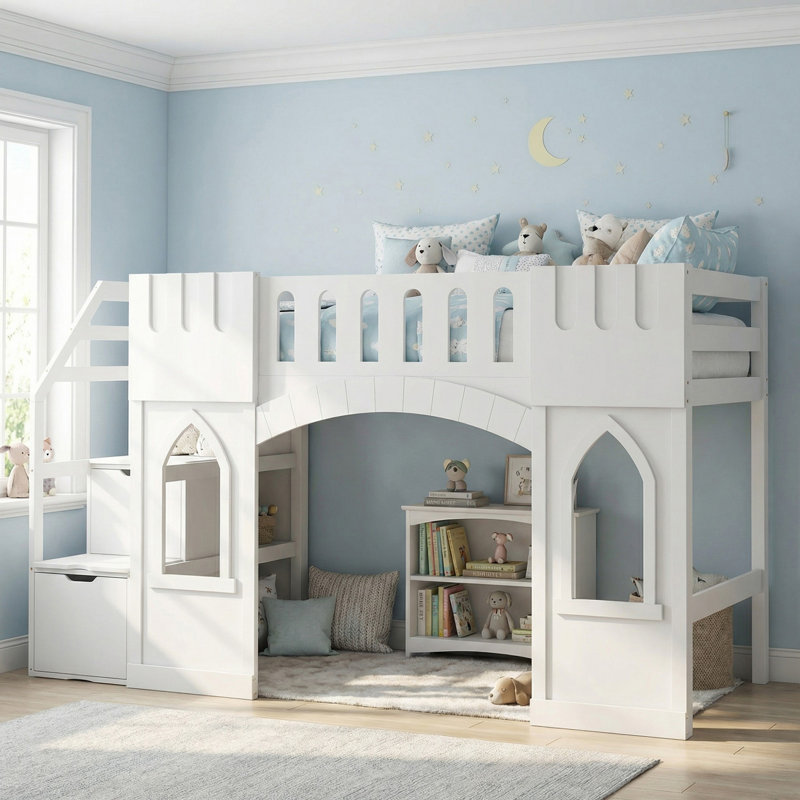 Lit mezzanine simple en bois massif avec escalier de rangement et fenêtre pour la chambre à coucher, Blanc