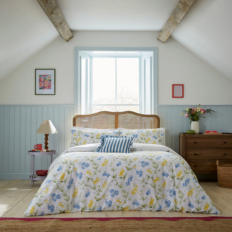 Sweetpea Print Cotton Duvet Cover Set, King Duvet Cover + 2 Standard Pillowcases