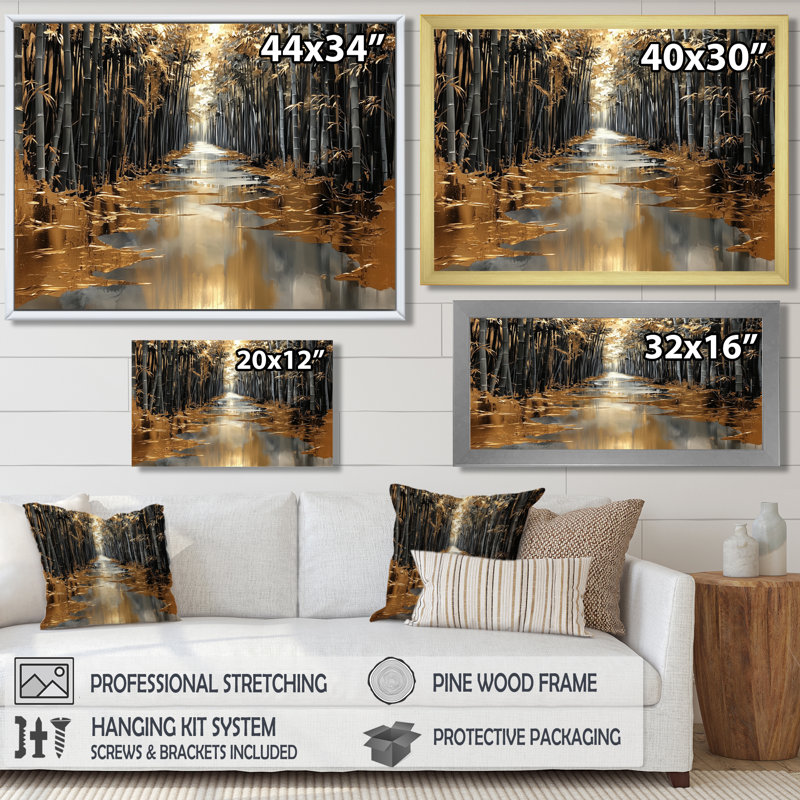 «Golden Arashiyama Bamboo River II», décoration murale en bambou, Impression d'un seul cadre photo, H 30 po x l 40 po, Doré