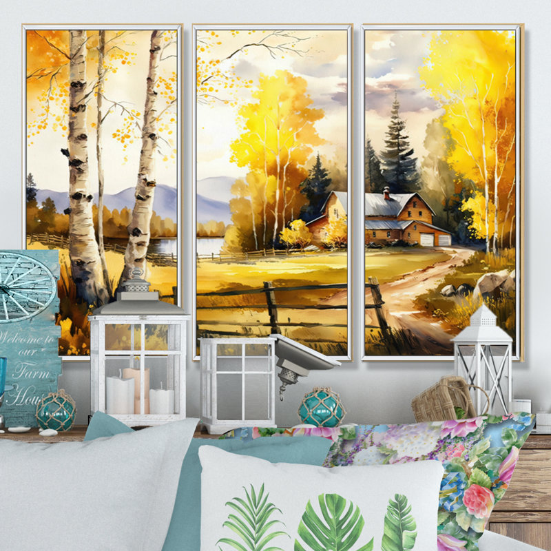Yellow Barn In Spring III - Farmhouse Wall Art, ensemble d'art mural, Cadre blanc, H 32 po x l 48 po x P 1 po