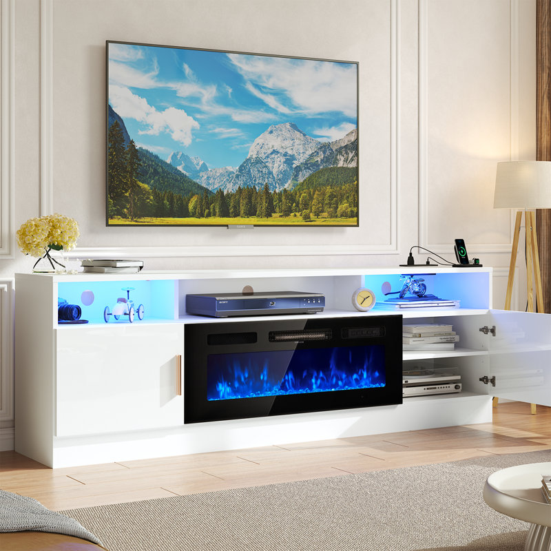 80'' TV Stand for TVs up to 88'' with Electric Fireplace, Power Outlets, LED Lights and Adjustable Shelves, White/Black