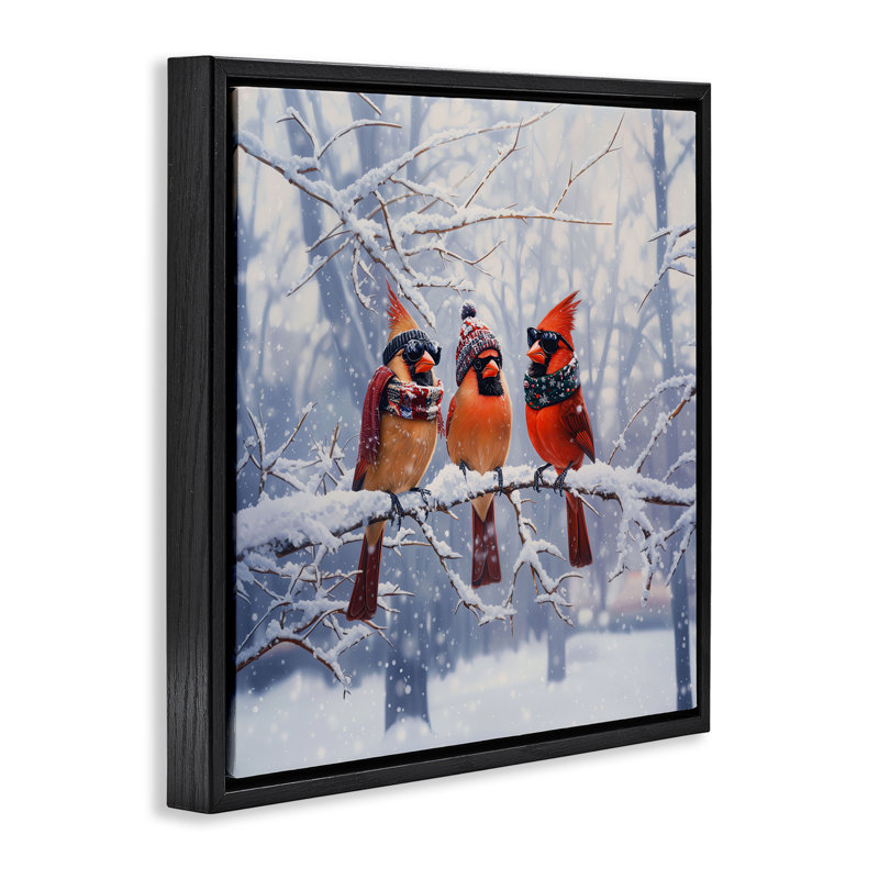 Cardinals on Winter Branch Floating Frame, conception de Jim Baldwin, H 25 po x l 25 po, Cadre flottant noir de jais