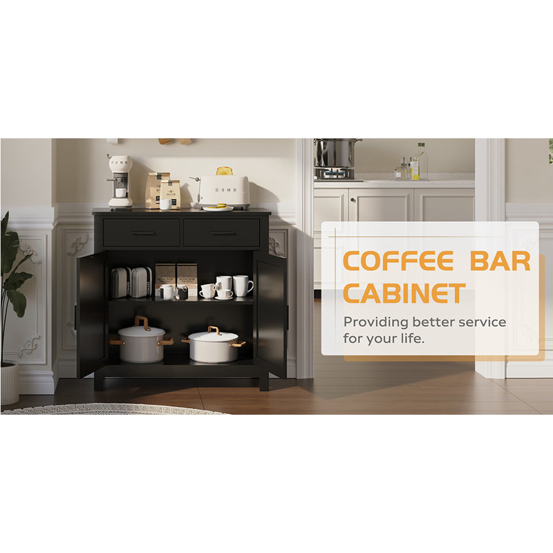Kitchen Storage Cabinet Modern Buffet Cabinet with Storage Coffee Bar with 2 Drawers Floor Sideboard Buffet, Black