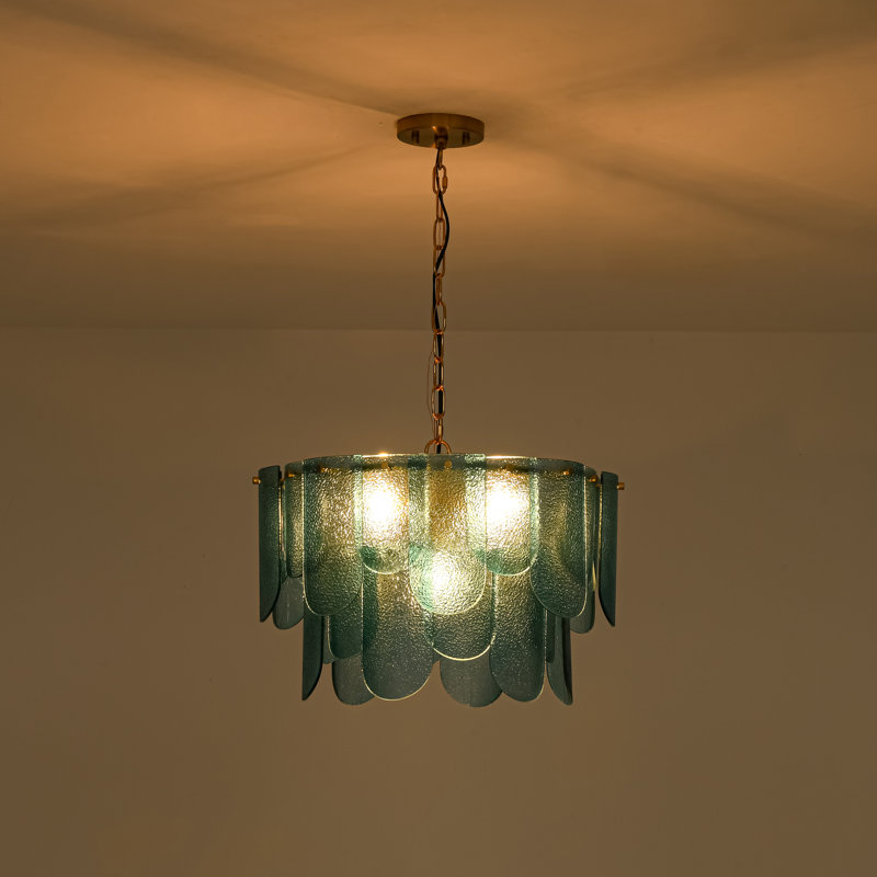 Aaron 19" 5-Light Tiered Sapphire Blue Hammered Glass Chandelier, Adjustable Antique Brass Chain, Sapphire Blue