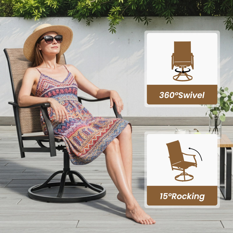 6-Person Outdoor Dining Set with 6 Padded Swivel Sling Chairs and 47" Round Steel Dining Table, Brown