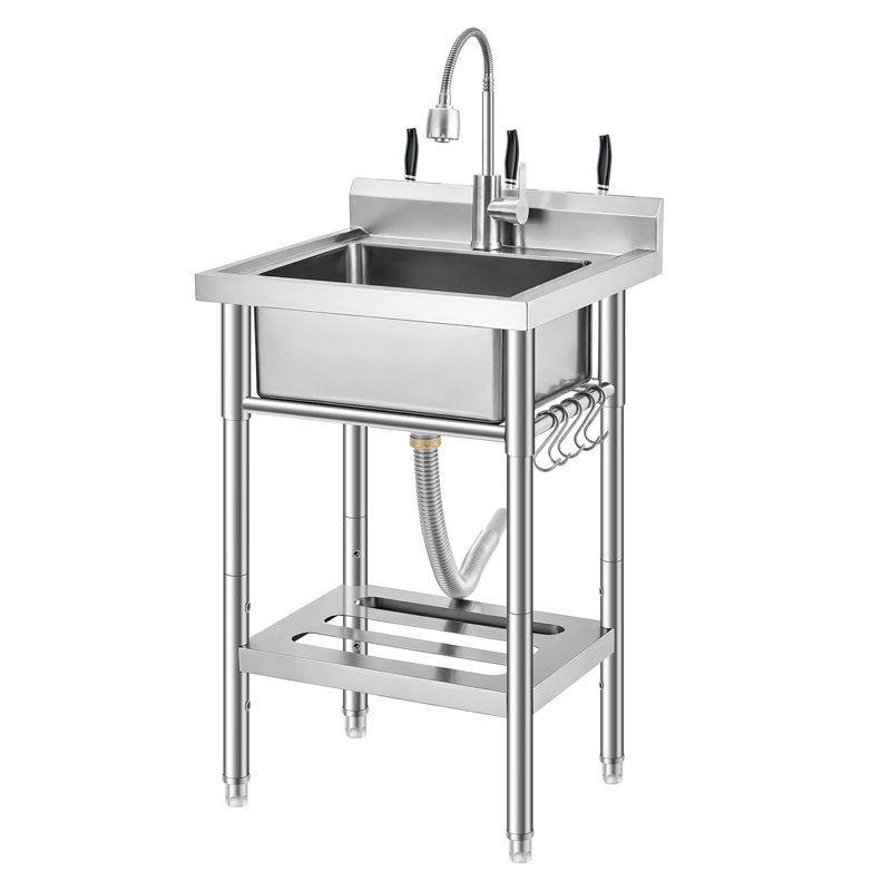 Poste de travail utilitaire 21 po en acier inoxydable - Évier autoportant avec hauteur réglable, robinet, tiroir de rangement, porte-couteaux, crochets et ensemble de bonde - pour la cuisine, la buanderie, le garage ou l'extérieur