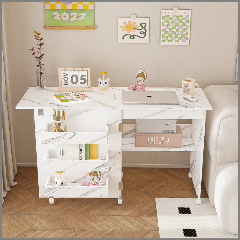 Table de couture pliante 4-en-1 avec roues verrouillables - Poste de travail multifonctionnel, table de bout, bureau d'ordinateur et rangement de cuisine avec tablettes, table de machine à coudre roulante blanche pour appartements