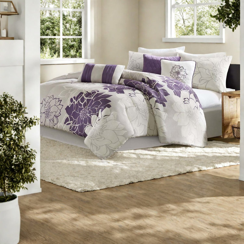 Elegant Floral Bedding Sets, Cotton Purple Comforter For Home Use