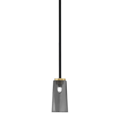 Mini suspension Aric Stem présentée en finition noir mat et laiton New Age avec verre fumé à bulles de 12,7 cm (L) x 25,4 cm (H).
