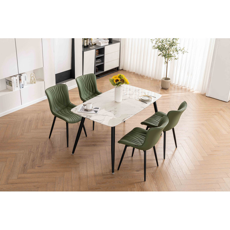 Lynnsey Tufted Leather Upholstered Dining Modern Wingback Side Chairs with Metal Legs, Green