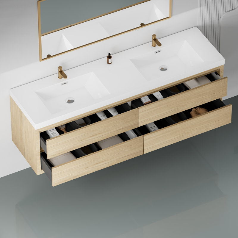 72" Wall-Mounted Bathroom Vanity Floating Double Sink Vanity with Stone Resin Top and Basin, 4 Soft Close Drawers
