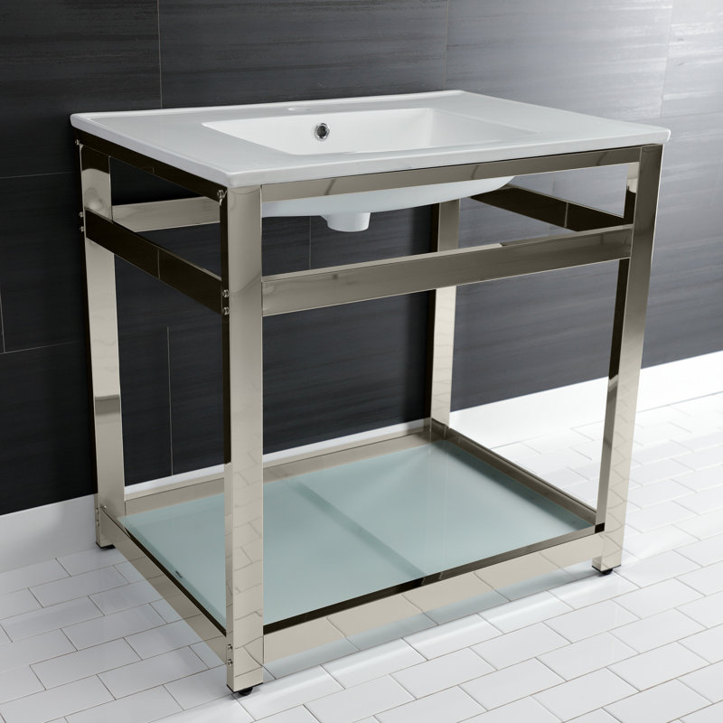 Kingston Brass Quadras 31-Inch Ceramic Console Sink with Steel Base and Glass Shelf, White/Polished Nickel, Single