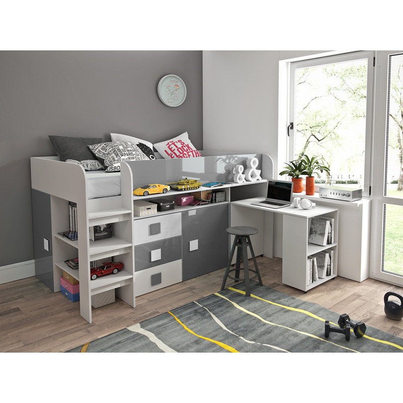 Ezell European Single (90 X 200 Cm) Loft Bed with Storage Included with Desk Included, Grey/White