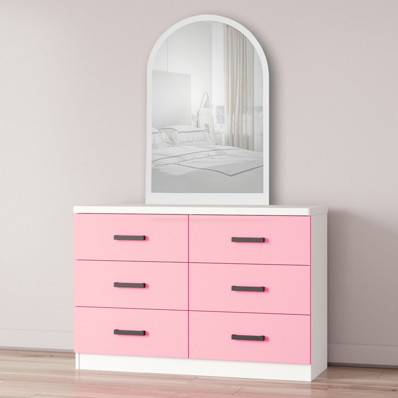 Wooden 6 Drawer Double Dresser With Mirror, White/Pink
