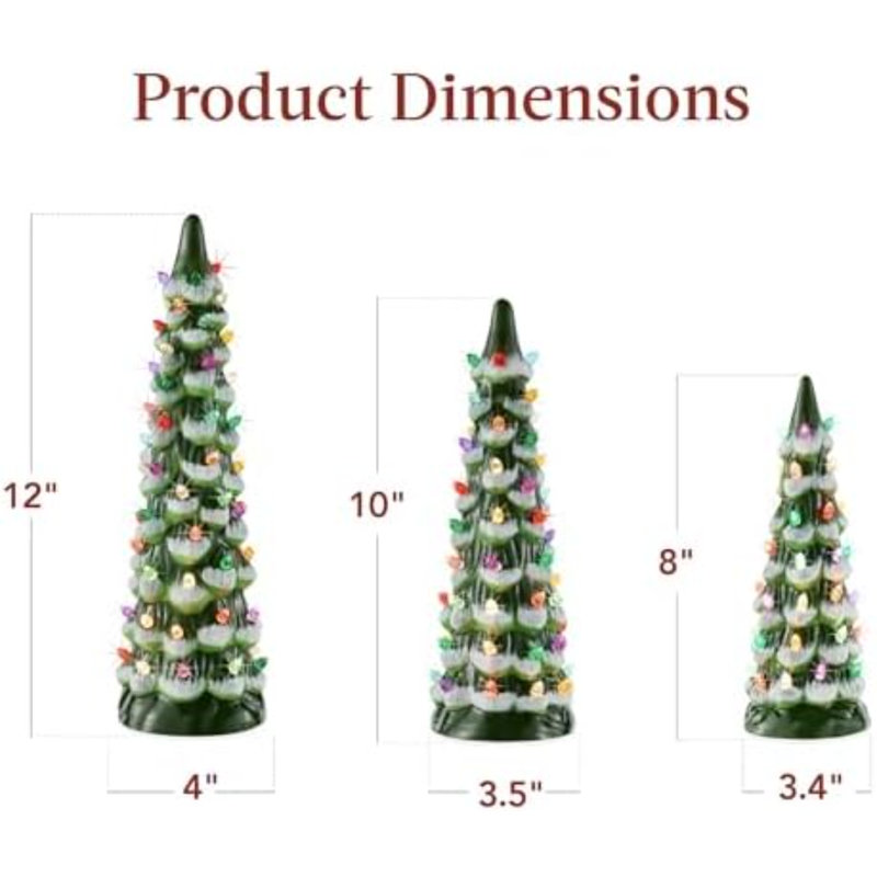 Ensemble de 3 arbres de Noël en céramique, décoration de Noël de table pré-éclairée peinte à la main avec ampoules DEL multicolores - vert givré