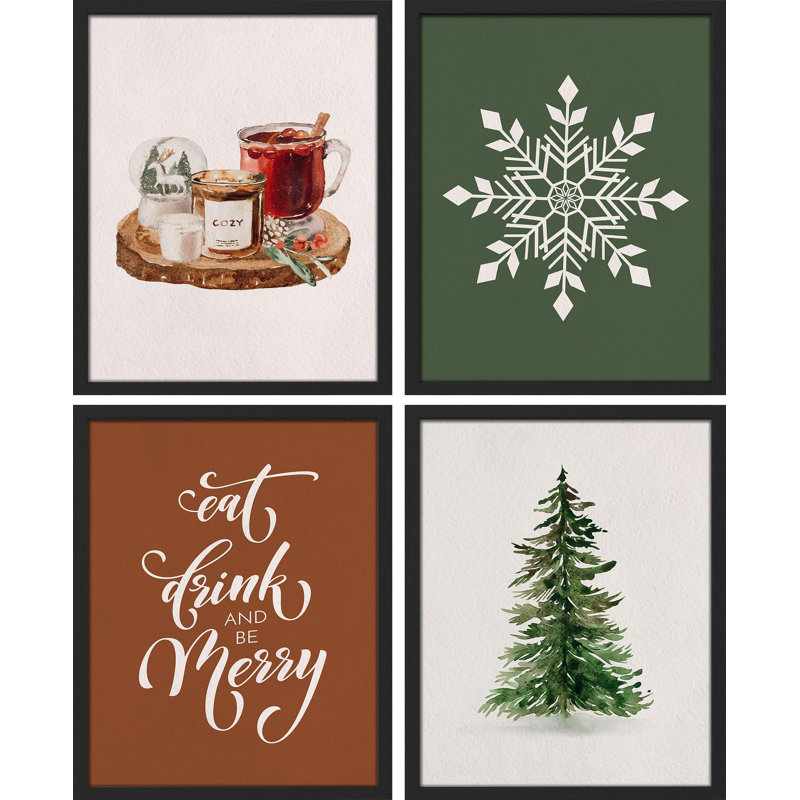 «Merry Christmas Pine Tree Snowflake Mulled Wine», impression sur papier 4 pièces, Blanc, H 10 po x l 8 po