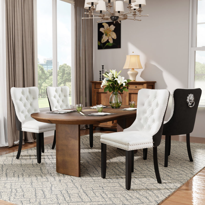 Modern Velvet Tufted Solid Wood Kitchen Chairs Upholstered Dining Chairs Set of 4, Navy, Black