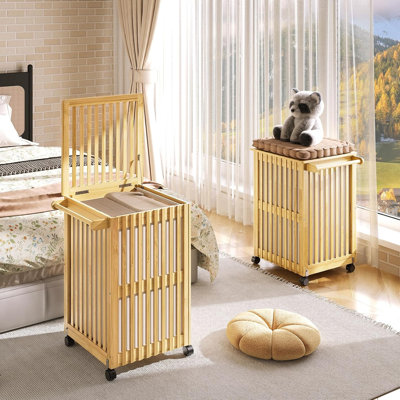 Laundry Hamper with Lid and Wheels, 120 L ,31Gal, Double Laundry Basket, Bamboo Clothes Hamper with Handles and Removable Liner, for Laundry Room, Bathroom, Bedroom