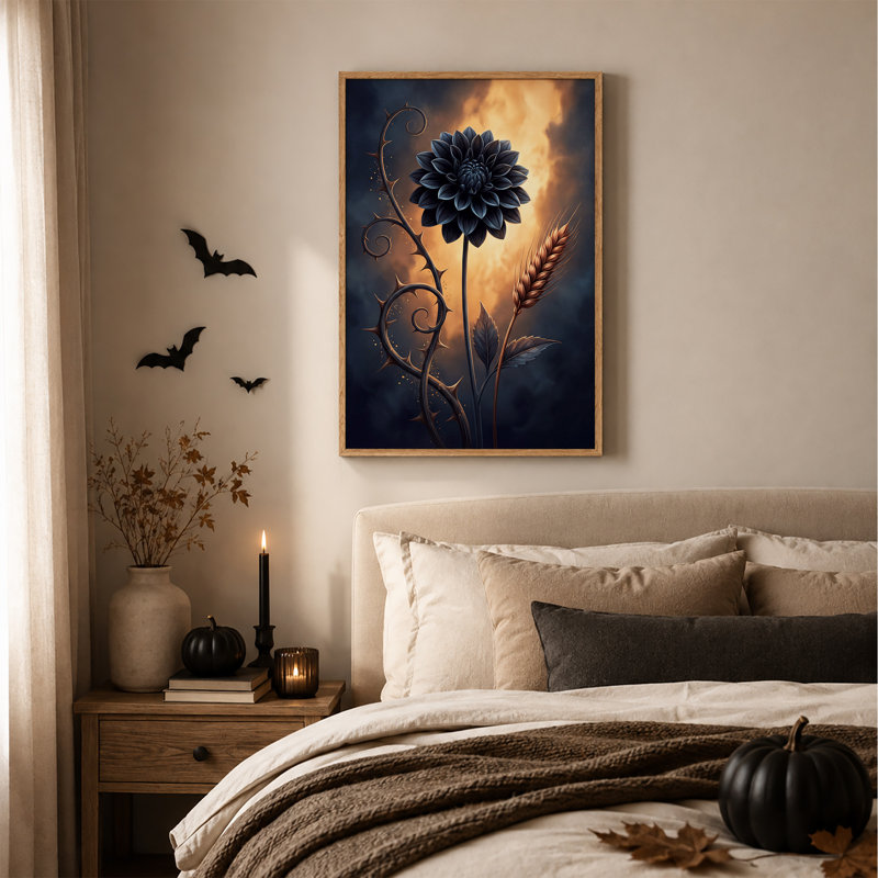 Tableau sur toile d'Halloween représentant un dahlia bleu foncé et une tige de blé épineuse, H 48 po x l 32 po