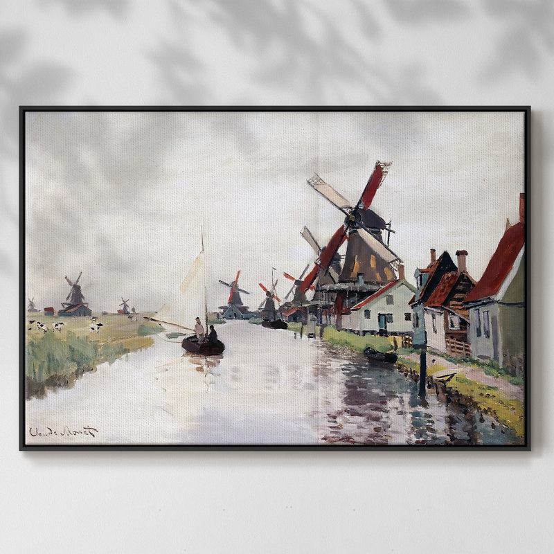 Moulins à vent aux Pays-Bas, 1871, H 25 po x l 37 po x P 2 po, Toile encadrée noire