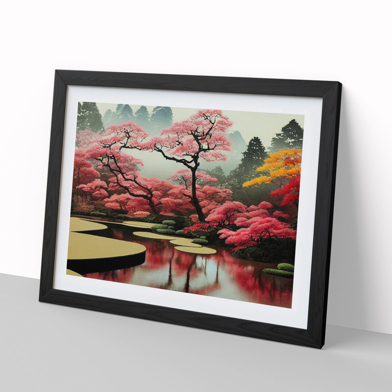 Japanese Garden Pond Vol.3 - Single Picture Frame Painting, 46cm H x 64cm W x 2cm D, Black