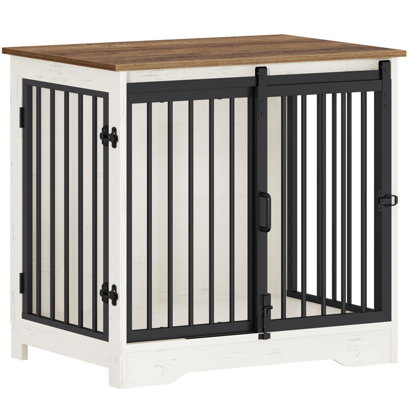 Dog Crate Furniture, 69 cm Double Door Wooden Dog Crate with Barn Door, Indoor Kennel, End Side Table Wooden Animal Crates for Small Dogs, Anti-Chew Anti-Escape
