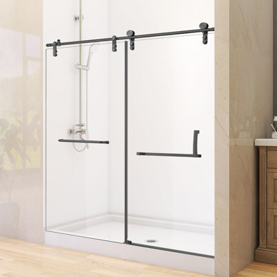 56" - 60" W X 76'' H Single Sliding Bypass Shower Door Modern Frameless Bathroom Door with Clear Tempered Glass&Reversible Installation
