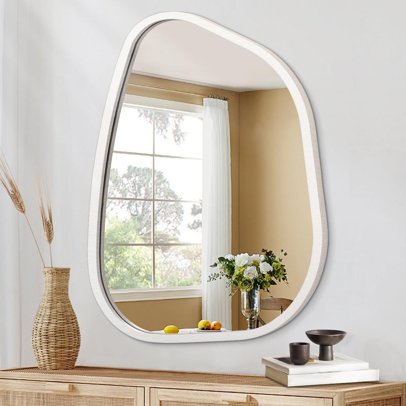 Asymmetrical Wall Mirror Irregular Mirror For Wall ,Wood Frame ,40 X 30CM, Cream