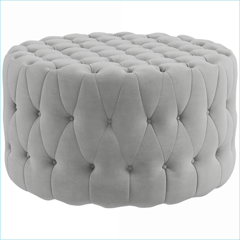 Round Ottoman Foot Stool, Button Tufted Light Grey Velvet-Feel – Living Room, Entryway, Vanity | Light Grey | Polyester
