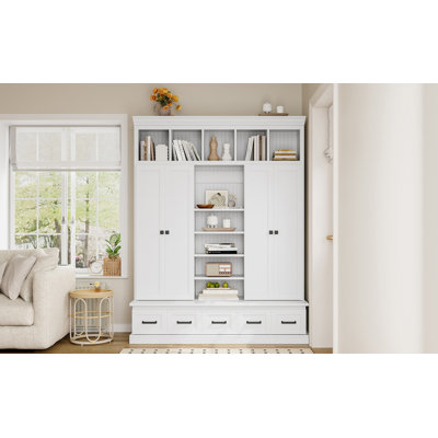 Arbre d'entrée 78,7 po avec banc et 5 casiers de rangement, armoire de rangement moderne avec 4 portes, 5 tiroirs et tablettes réglables pour le couloir, l'entrée et le salon
