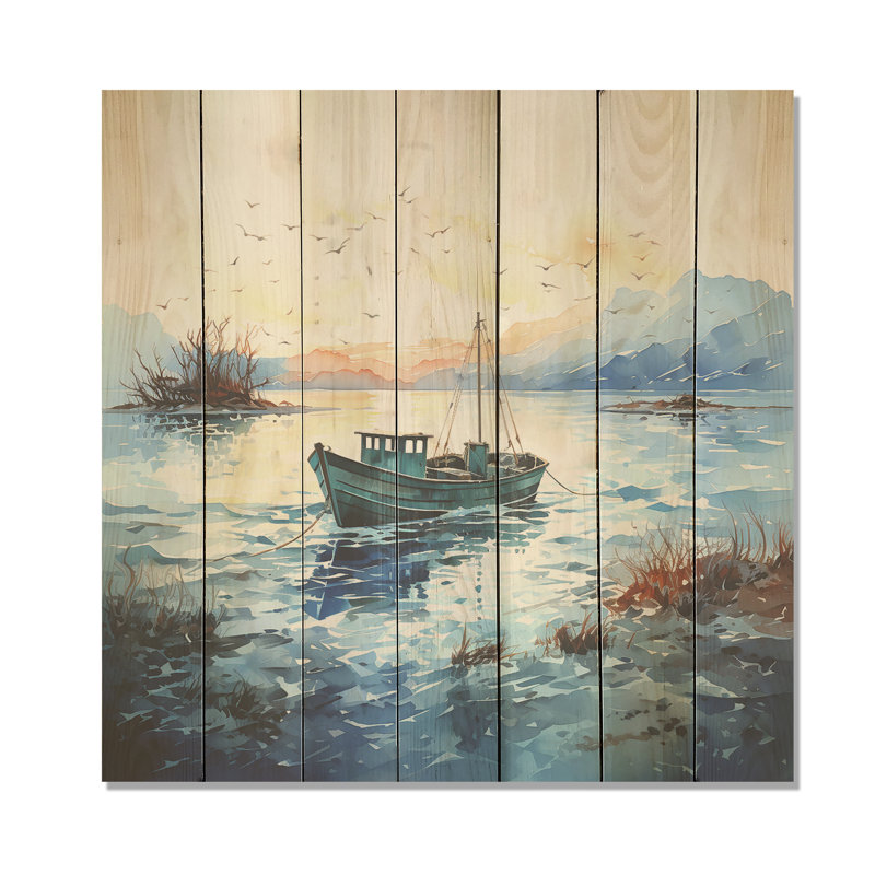 Bateau de pêche bleu et orange - Bateau de pêche sur bois, H 15 po x l 15 po