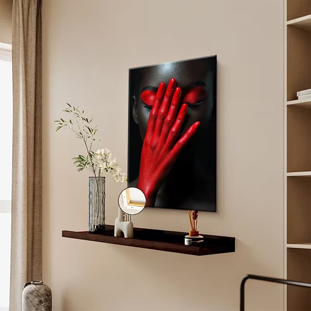 90*60,2D Flat, Modern Art Deco Canvas Wall Art - With Red Hands Covering Eyes, Wrapped Wooden Frame, High-Quality Vibrant Print For Living Room.