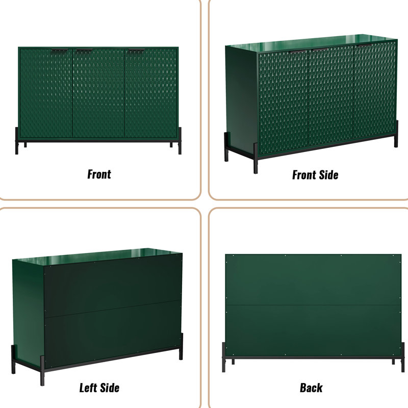 Practical High Gloss 3-Door Sideboard For Kitchen And Living Room, Striped Design, Strong Load-Bearing Buffet Use, Powder Coated Metal Feet, Adjustable Shelving