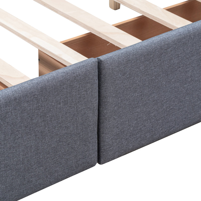 Dark Gray Upholstered Platform Bed With 4 Big Drawers. Queen. No Box Spring Required. Foam-Filled Headboard. Wood Frame. Bedroom Organization Queen Storage Drawers And Cozy Headboard, Spring, Linen